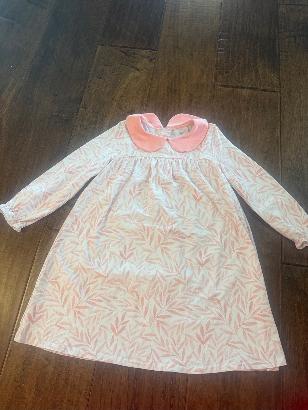 Pink Leaf-Print Long Sleeve Kids Dress - Picture 1 of 2